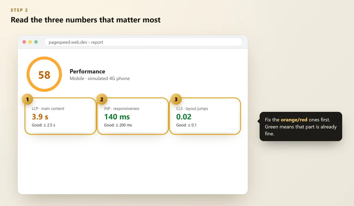 Speed report showing LCP, INP and CLS values with good thresholds