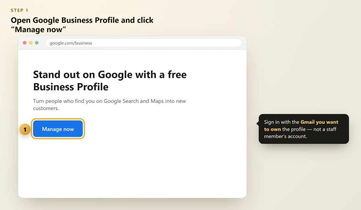 Google Business Profile page with the Manage now button highlighted