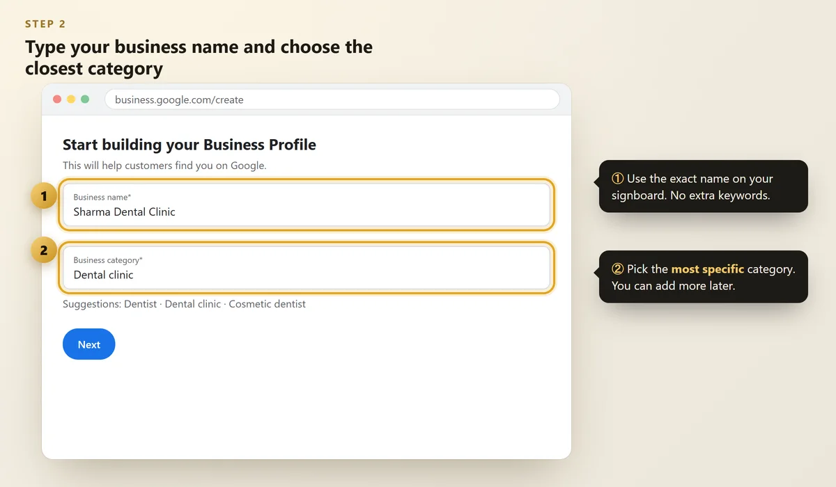 Business name and business category fields highlighted in the setup form
