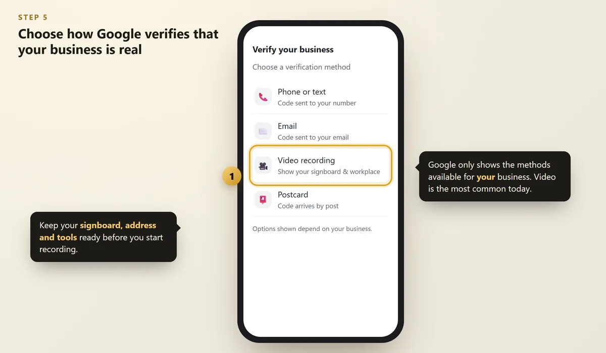 Verification options screen with Video recording highlighted
