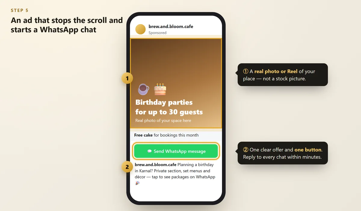 Instagram ad on a phone for a local café with a Send WhatsApp message button