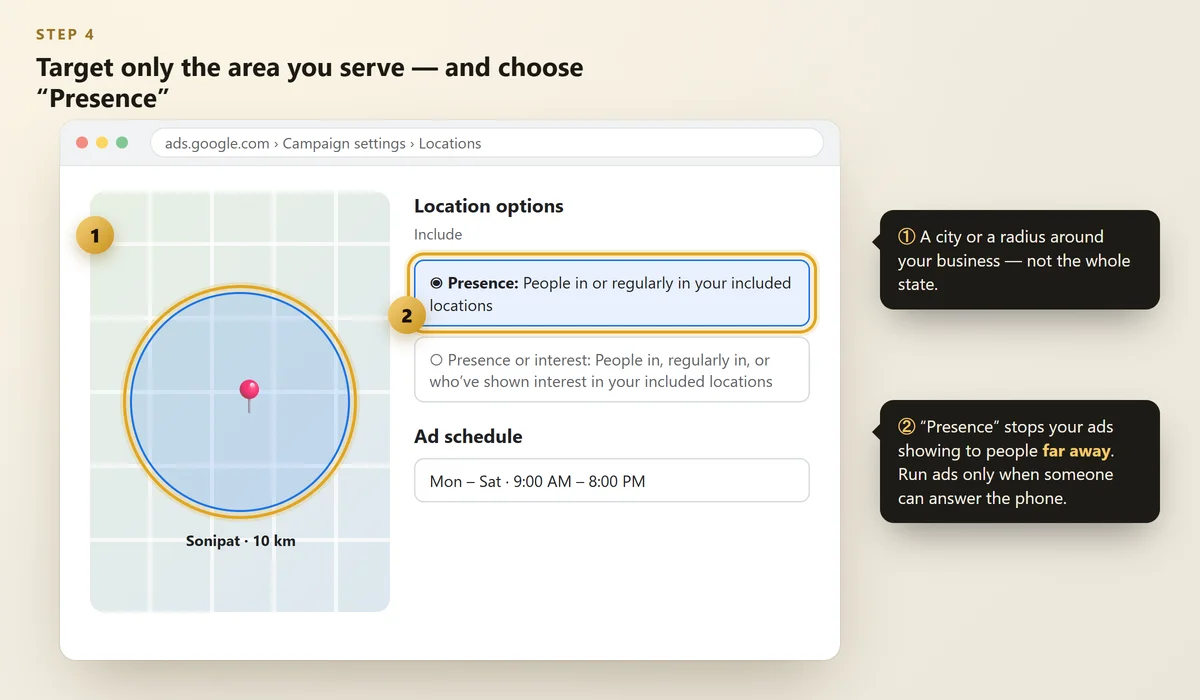Google Ads location settings with a radius around the city and the Presence option selected