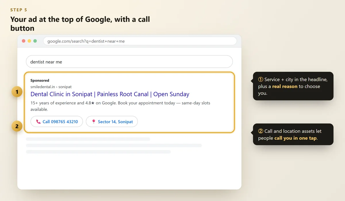 Google search results showing a sponsored ad for a dental clinic with a call button