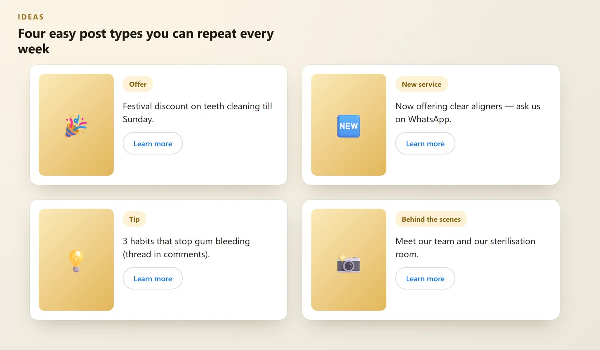 Four example post cards: offer, new service, tip and behind the scenes