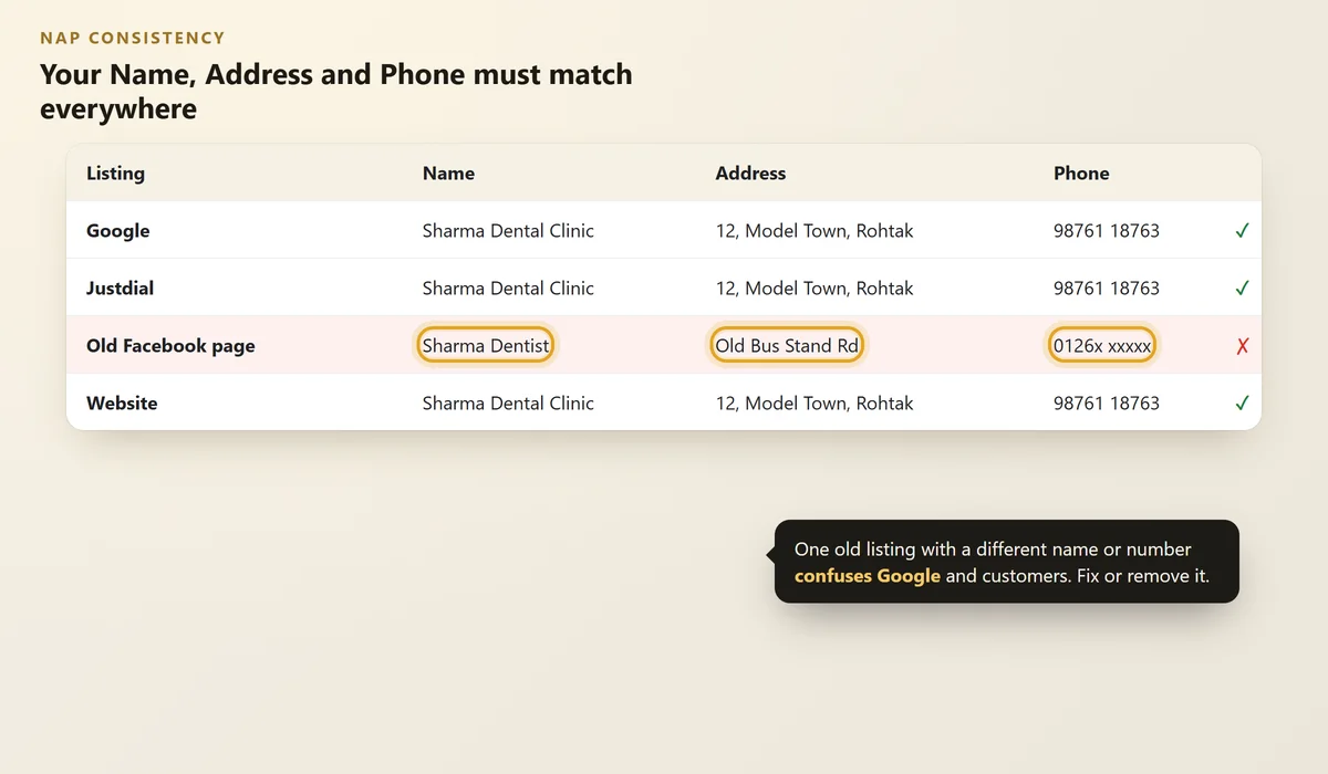 Table comparing business name, address and phone across listings with one inconsistent old listing highlighted