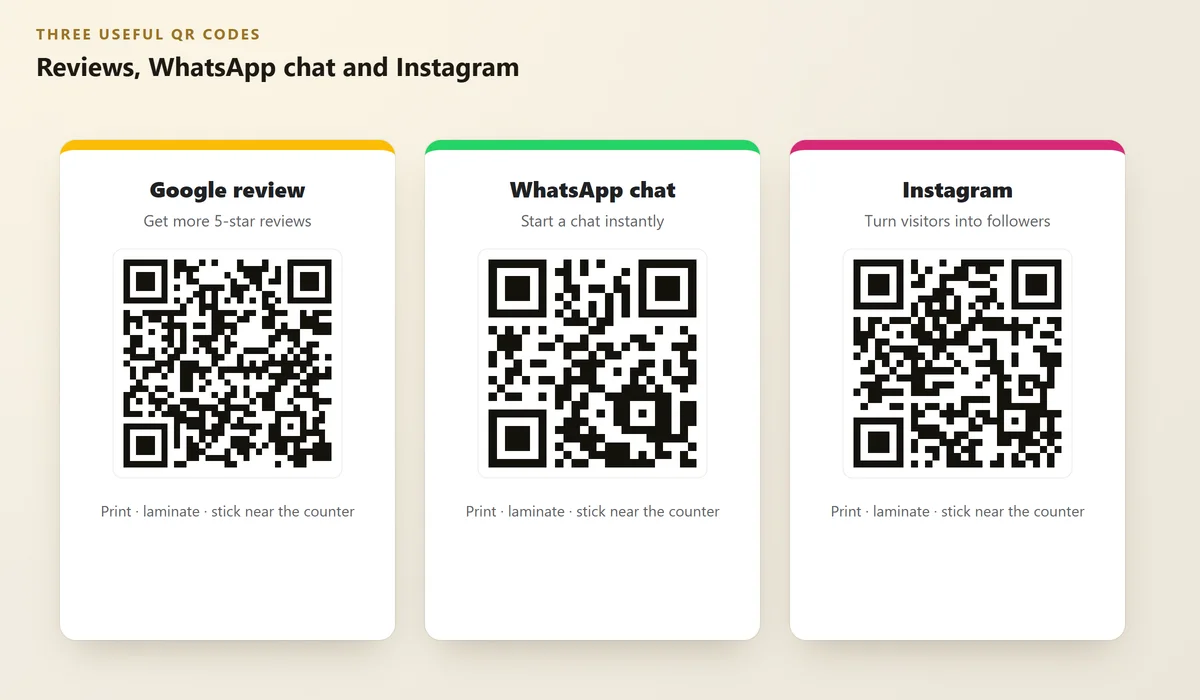 Three QR code cards for Google review, WhatsApp chat and Instagram