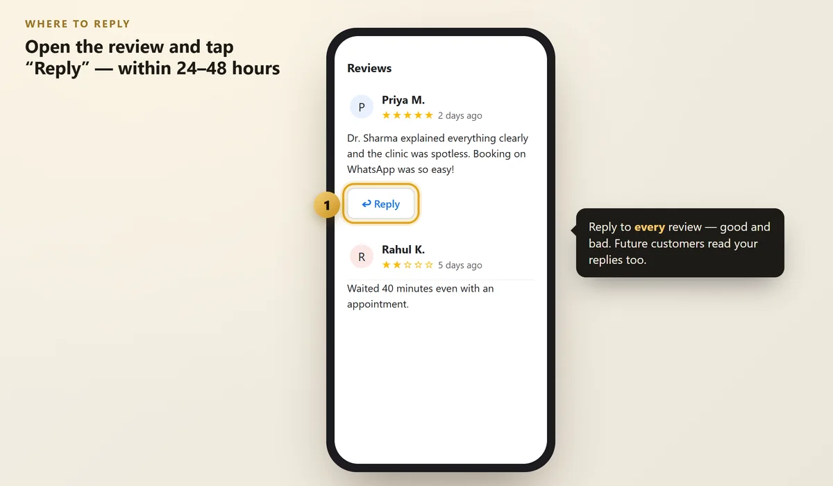 Reviews screen on a phone with the Reply button highlighted
